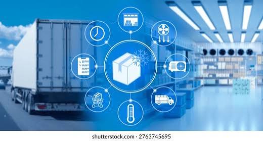 Frozen blast cold-chain handling - temperature-controlled logistics icons over warehouse and truck